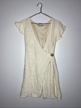 FAVLUX Cream Wrap Mini Dress with Button Accent